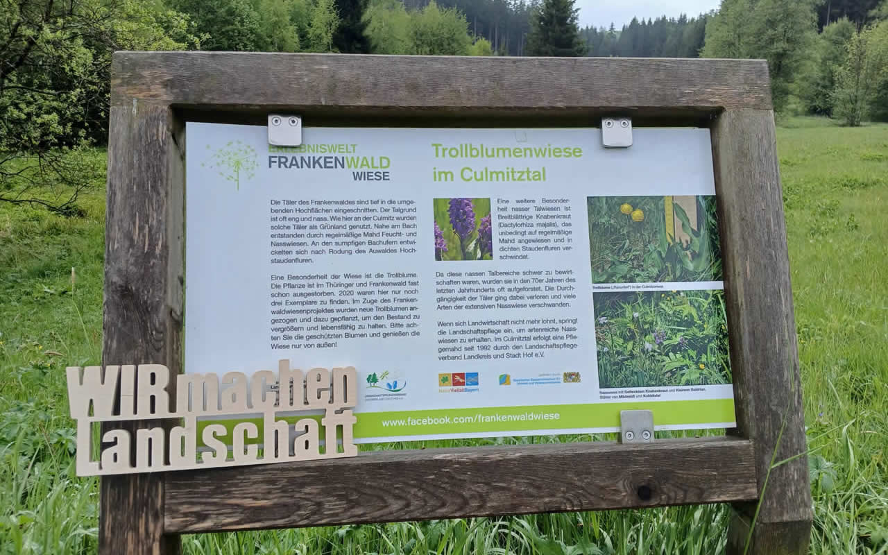 An einigen besonders beeindruckend blühenden Pflegeflächen des Landschaftspflegeverbands wurden Infoschilder installiert, um Interessierten die Besonderheiten unserer Kulturlandschaft zu vermitteln – hier zum Beispiel im Culmitztal südwestlich von Culmitz.